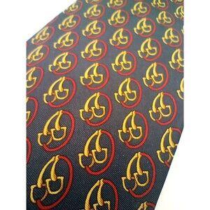 Cherries Mushroom BURBERRY Equestrian Horse Bit Pattern Navy Red 100% Silk Tie